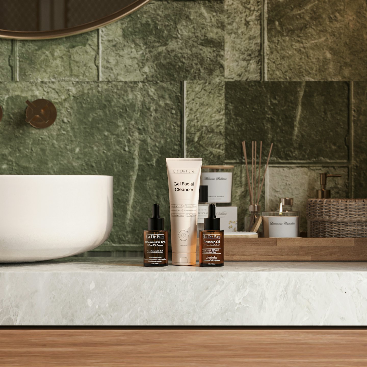 Skincare products arranged on a white marble countertop.